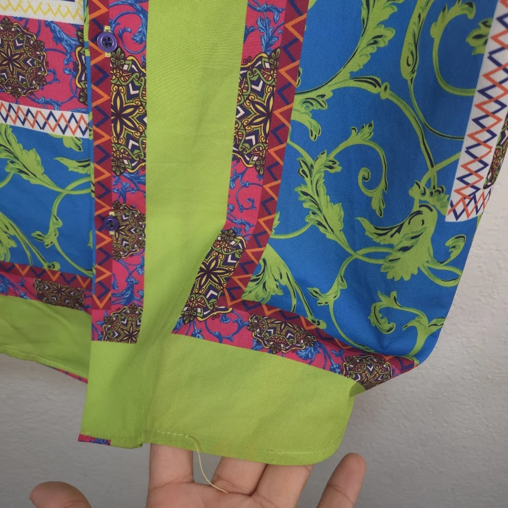 Mens Boohoo Size L Neon Green Blue Hawaiian Paisley T Shirt Short Sleeves Button - Picture 6 of 15
